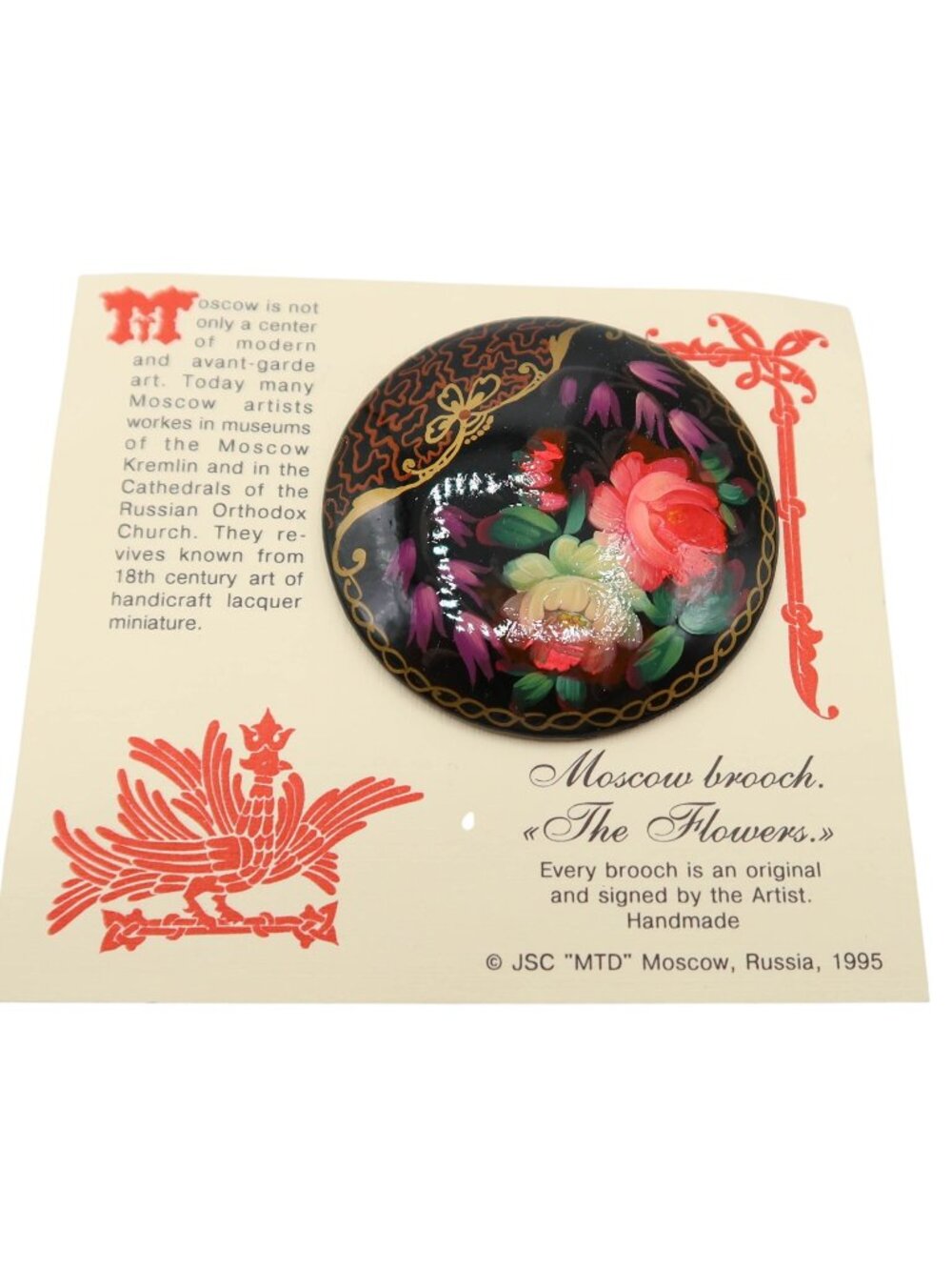 Vintage Hand Painted "The Flowers" Floral Russian Lacquer Brooch Signed NEW